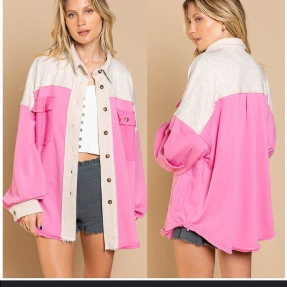POL Pink and Cream Button-Down Shirt/Shacket